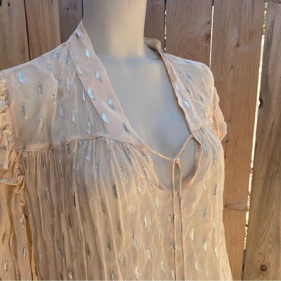 Mango bohemian sheer beige blouse with metallic print size small - Picture 2 of 11